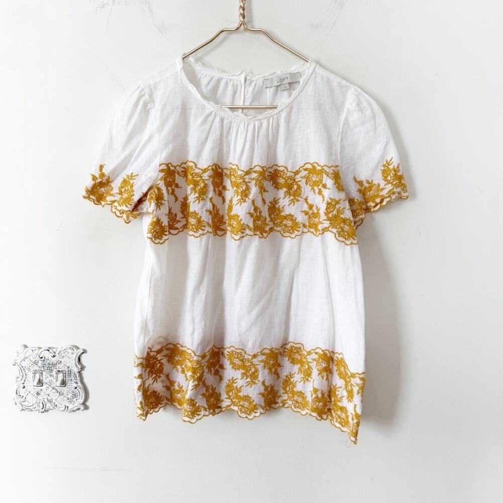 Loft Golden Floral Embroidered Linen Cotton Scalloped Boho Blouse L - Picture 3 of 8
